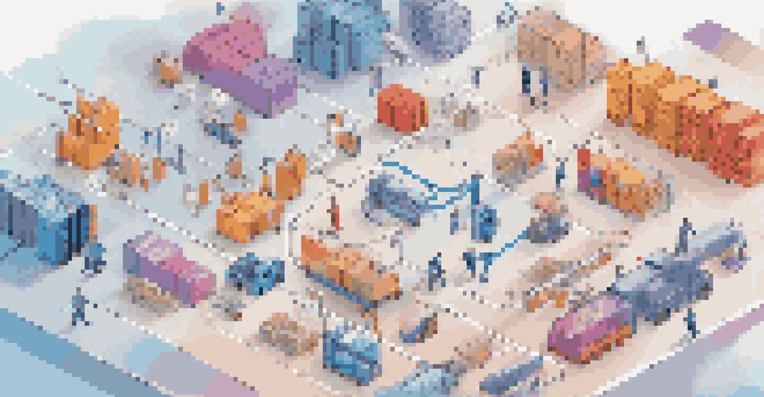 An illustration of a supply chain with stakeholders connected through digital identities, showcasing the flow of goods and information.