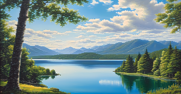 A peaceful lake scene with green forests and mountains, sunlight reflecting on the water.