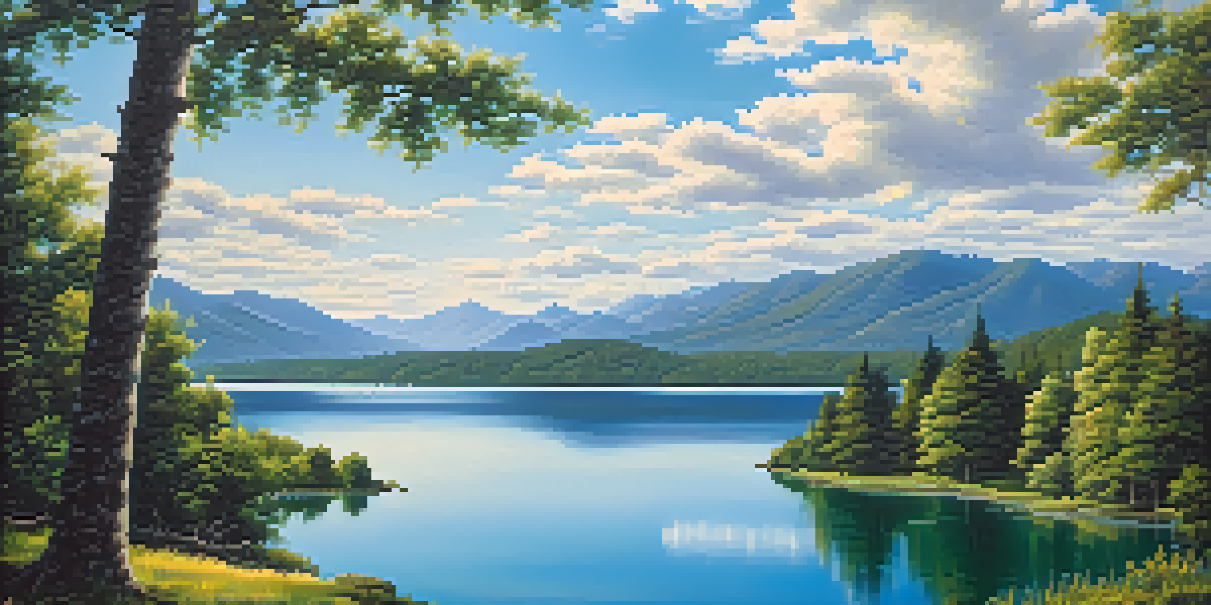 A peaceful lake scene with green forests and mountains, sunlight reflecting on the water.