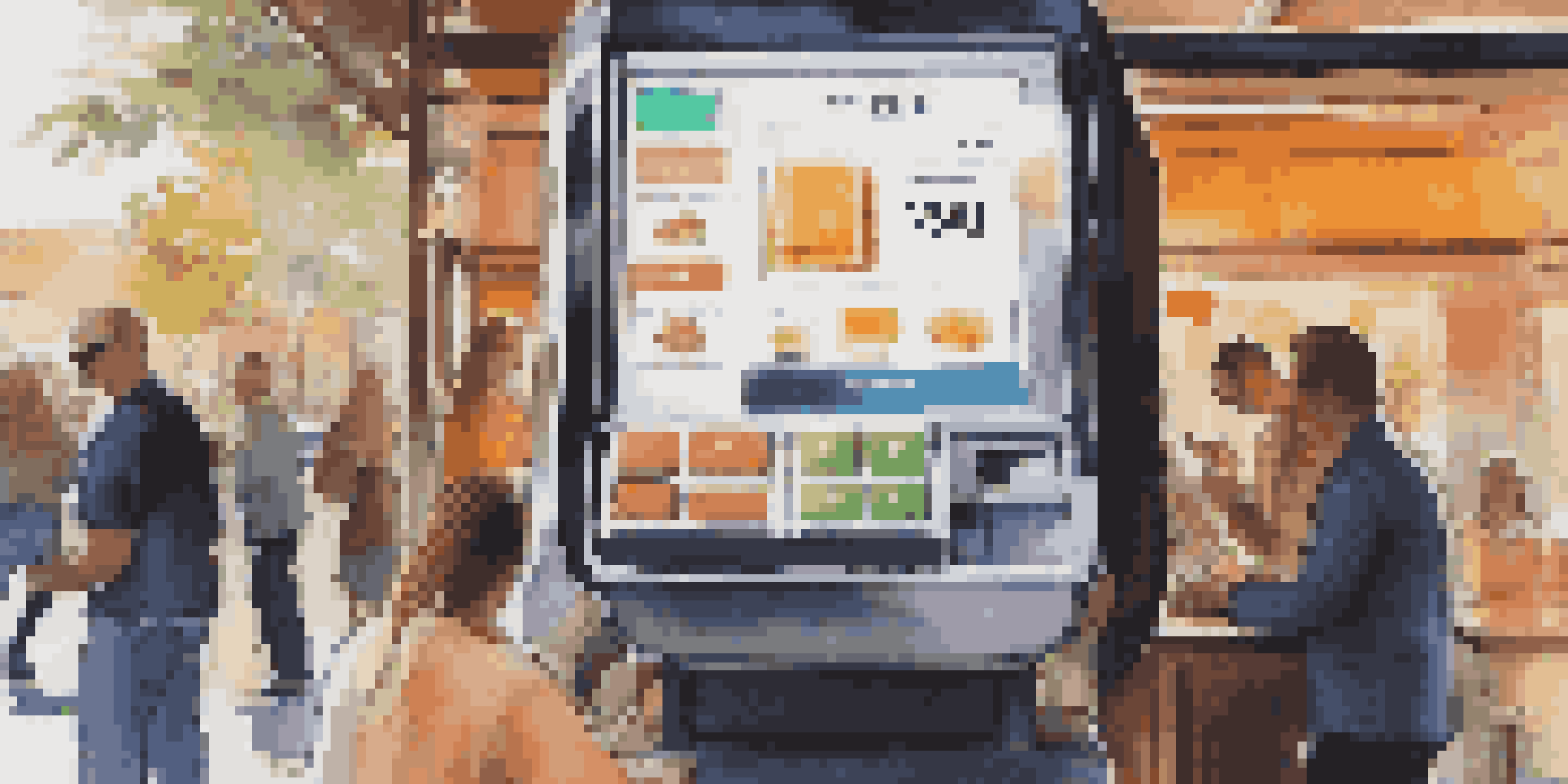 A modern digital payment terminal in a busy café, showing transaction data on its screen.