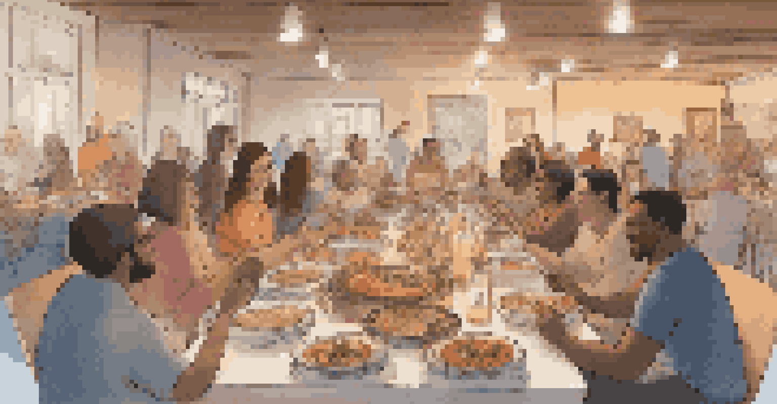 A potluck dinner with people sharing food, overlaid with a digital blockchain network.