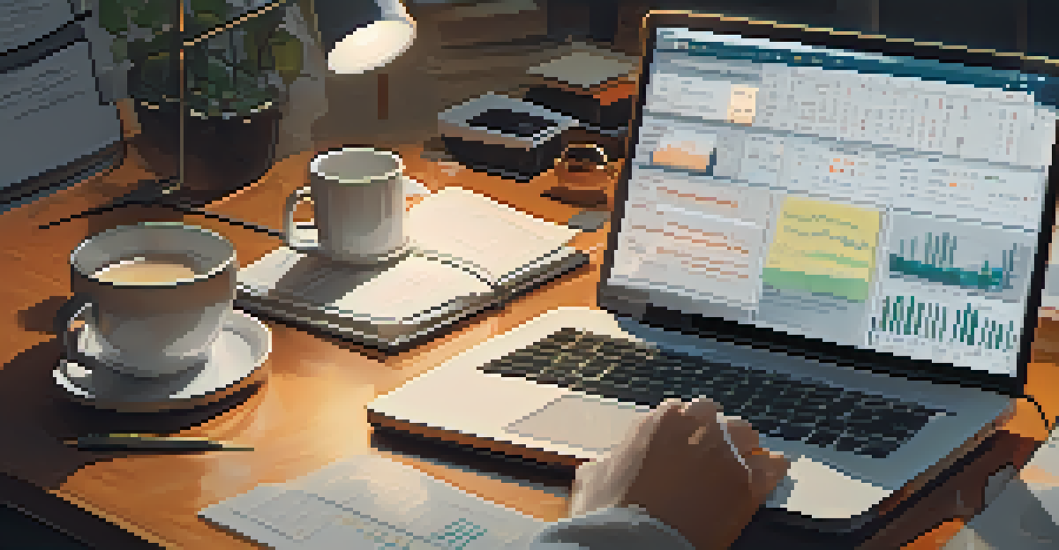 Close-up of hands typing on a laptop surrounded by notebooks and coffee cups, with data charts in warm light.
