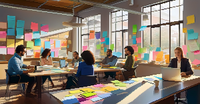 A diverse team collaborating in a bright office space filled with natural light and colorful post-it notes.