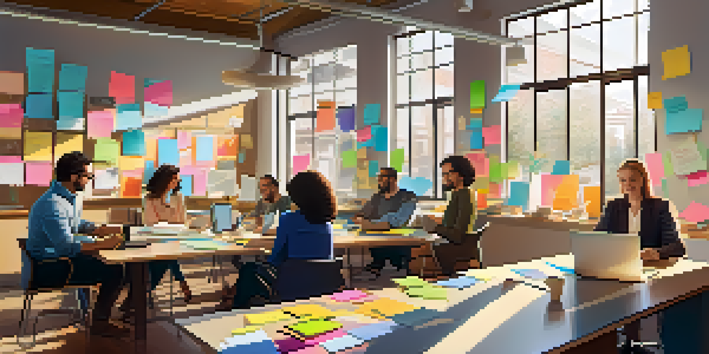 A diverse team collaborating in a bright office space filled with natural light and colorful post-it notes.