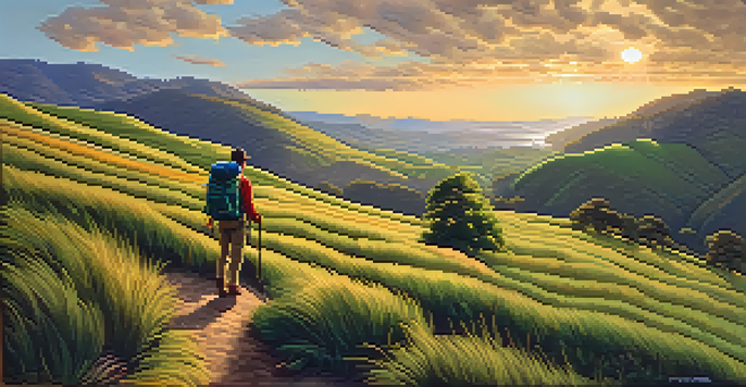 A hiker walking through a lush valley at sunset, surrounded by rolling hills and soft clouds in the sky.