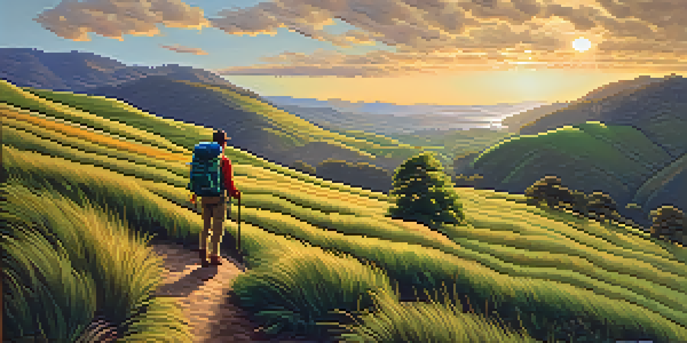 A hiker walking through a lush valley at sunset, surrounded by rolling hills and soft clouds in the sky.