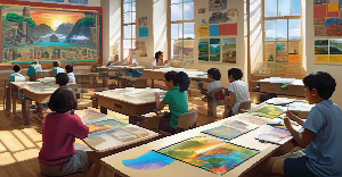 A classroom with students using AR headsets to explore 3D models, surrounded by colorful educational materials.