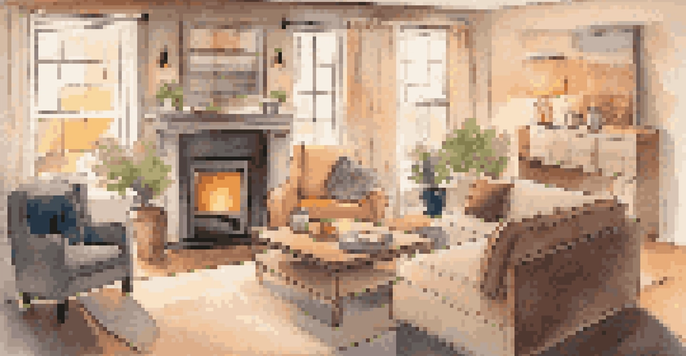 A cozy living room showcasing smart home technology, including a smart speaker, smart lights, and a thermostat on the wall, with comfortable furniture and warm lighting.