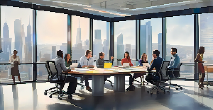 A diverse group of employees in a bright office meeting room, collaborating over a large conference table with data charts and city views.
