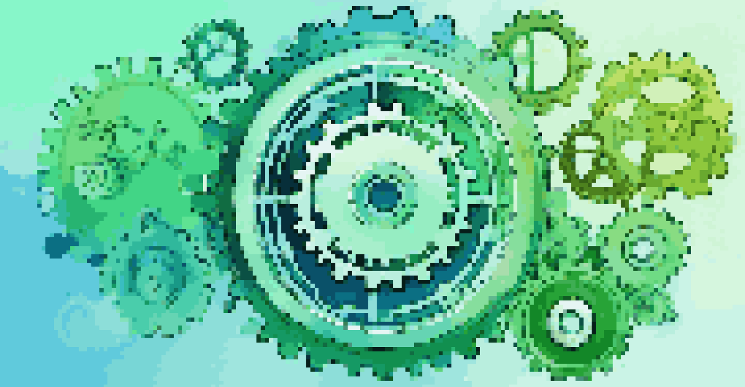 An abstract digital transformation illustration featuring interconnected gears and cloud symbols against a blue and green gradient background, with icons representing various DevOps tools.