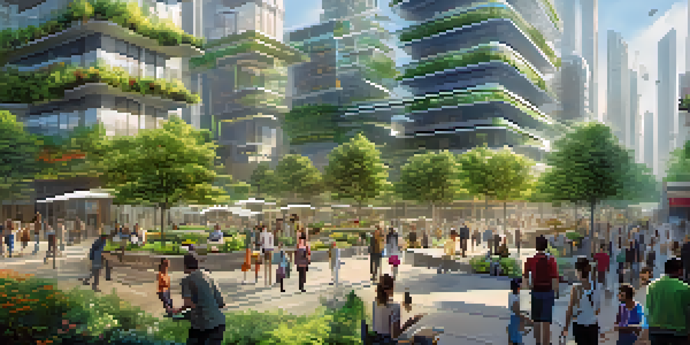A vibrant smart city with futuristic buildings and green spaces, featuring sensors and people using technology under bright sunlight.