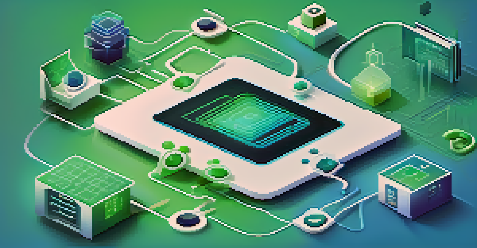 An abstract representation of software integration with icons connected by flowing lines, on a blue and green gradient background.