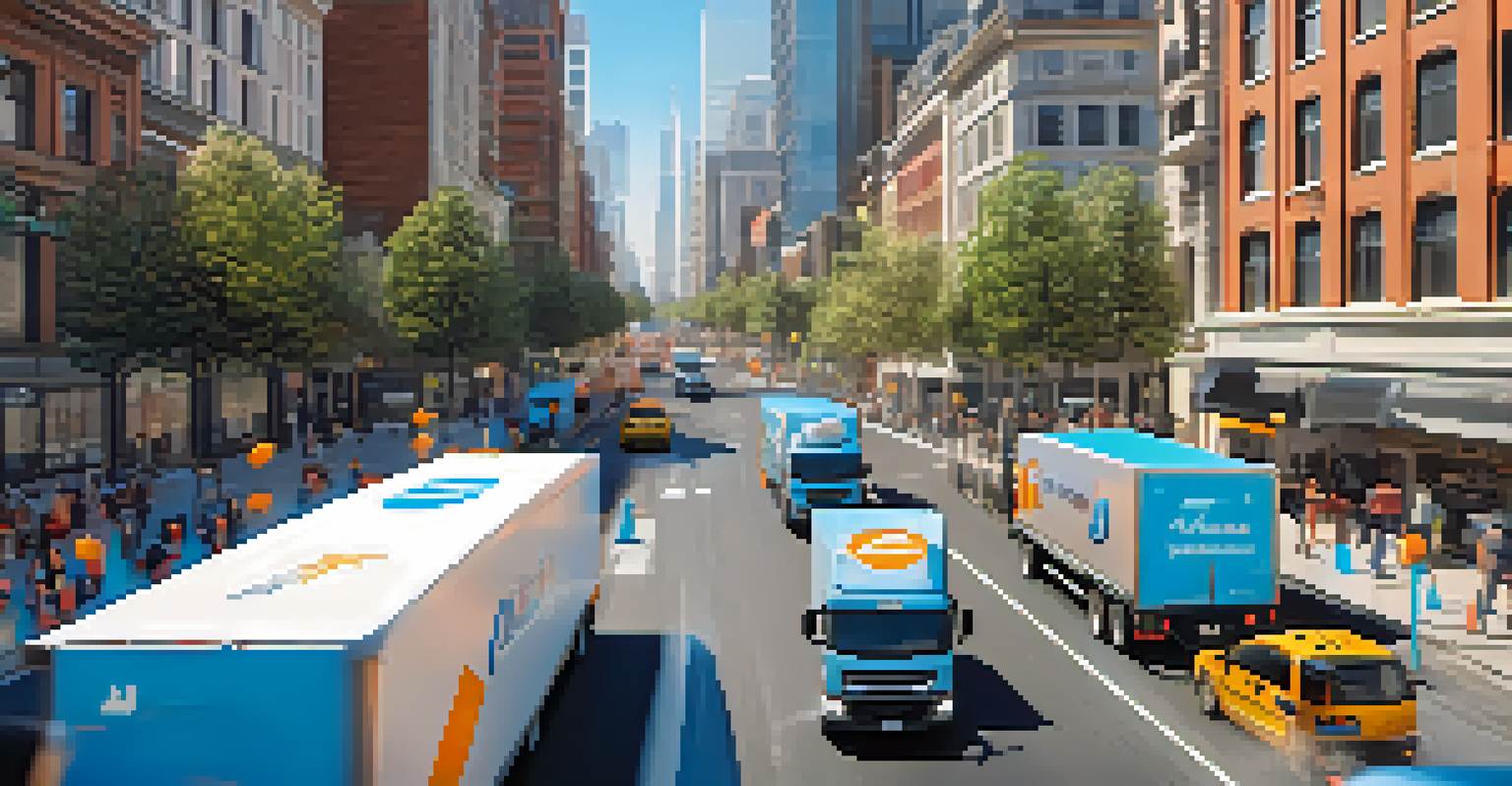Delivery trucks on a city street navigating around construction, with digital data overlays showing vehicle performance.