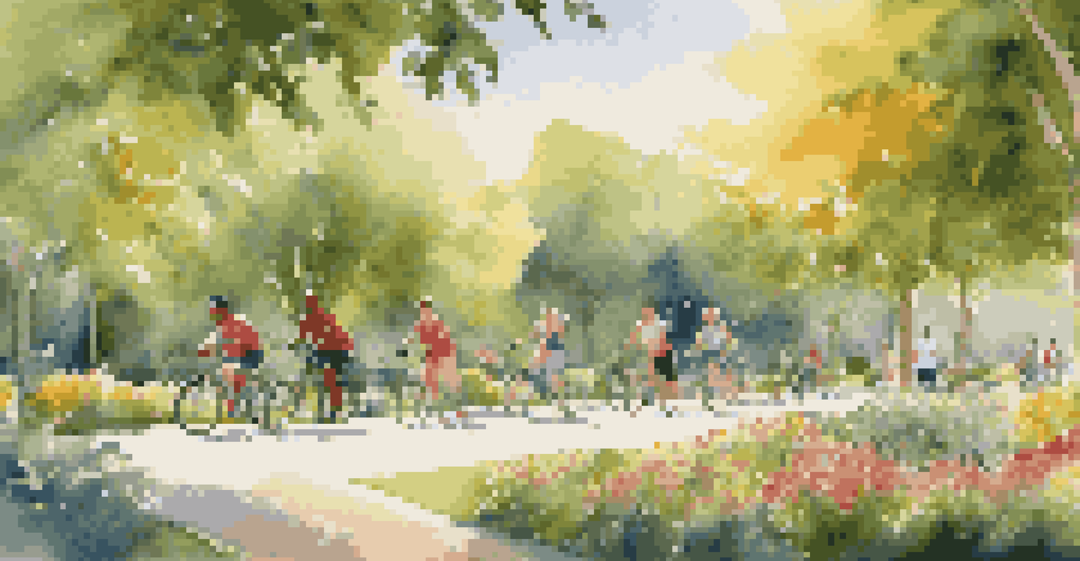 A diverse group of people exercising in a sunny park, showcasing a healthy and active lifestyle.