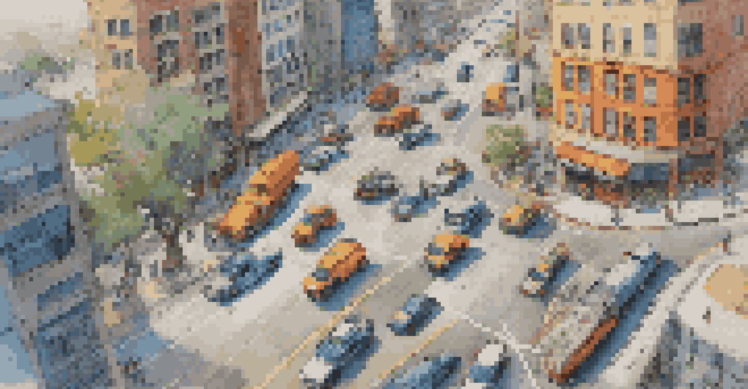An aerial view of a city street filled with fleet vehicles, showing dynamic traffic flow and highlighted GPS routes.