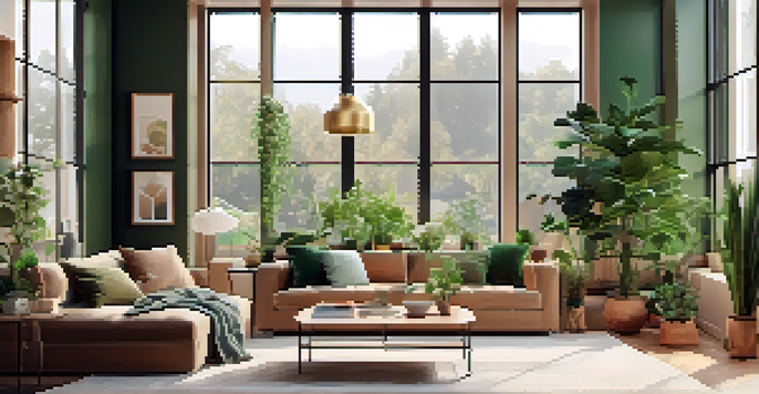 A living room showcasing a virtual sofa displayed on a smartphone, surrounded by natural light, plants, and a cozy atmosphere.