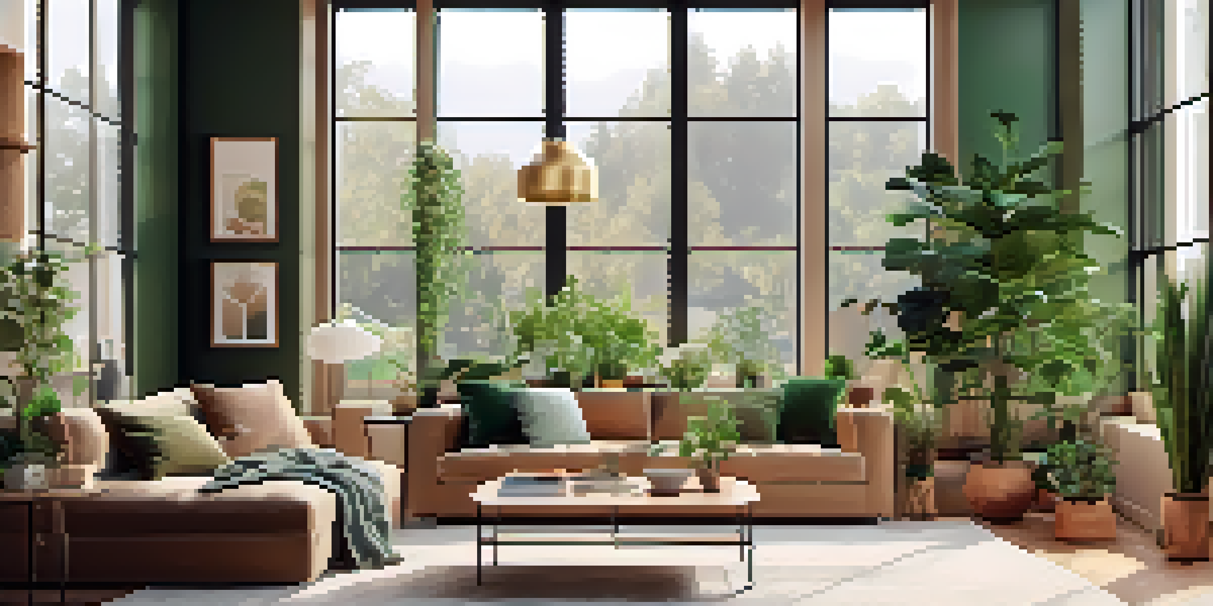 A living room showcasing a virtual sofa displayed on a smartphone, surrounded by natural light, plants, and a cozy atmosphere.