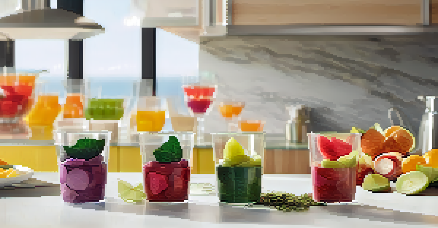 Edible cups made from seaweed filled with colorful fruits displayed in a bright modern kitchen.
