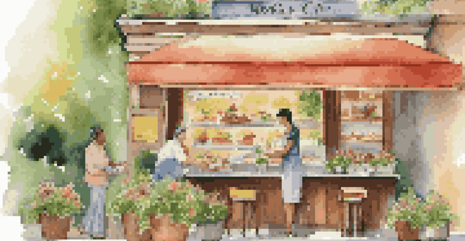 An outdoor café with a staff member presenting a personalized menu to a customer, surrounded by greenery and colorful flowers.