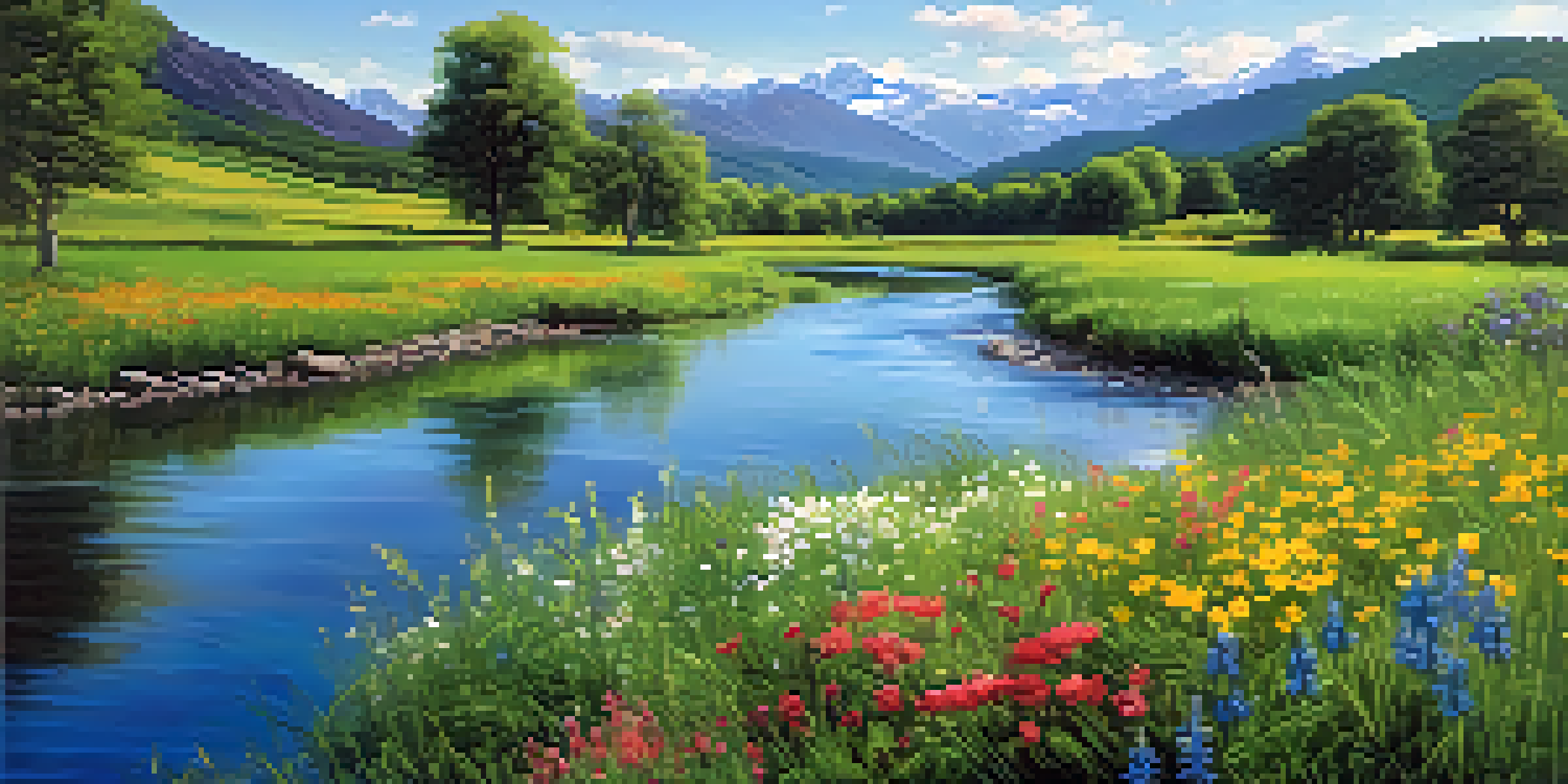 A vibrant green valley with a flowing river and colorful wildflowers under a bright blue sky.