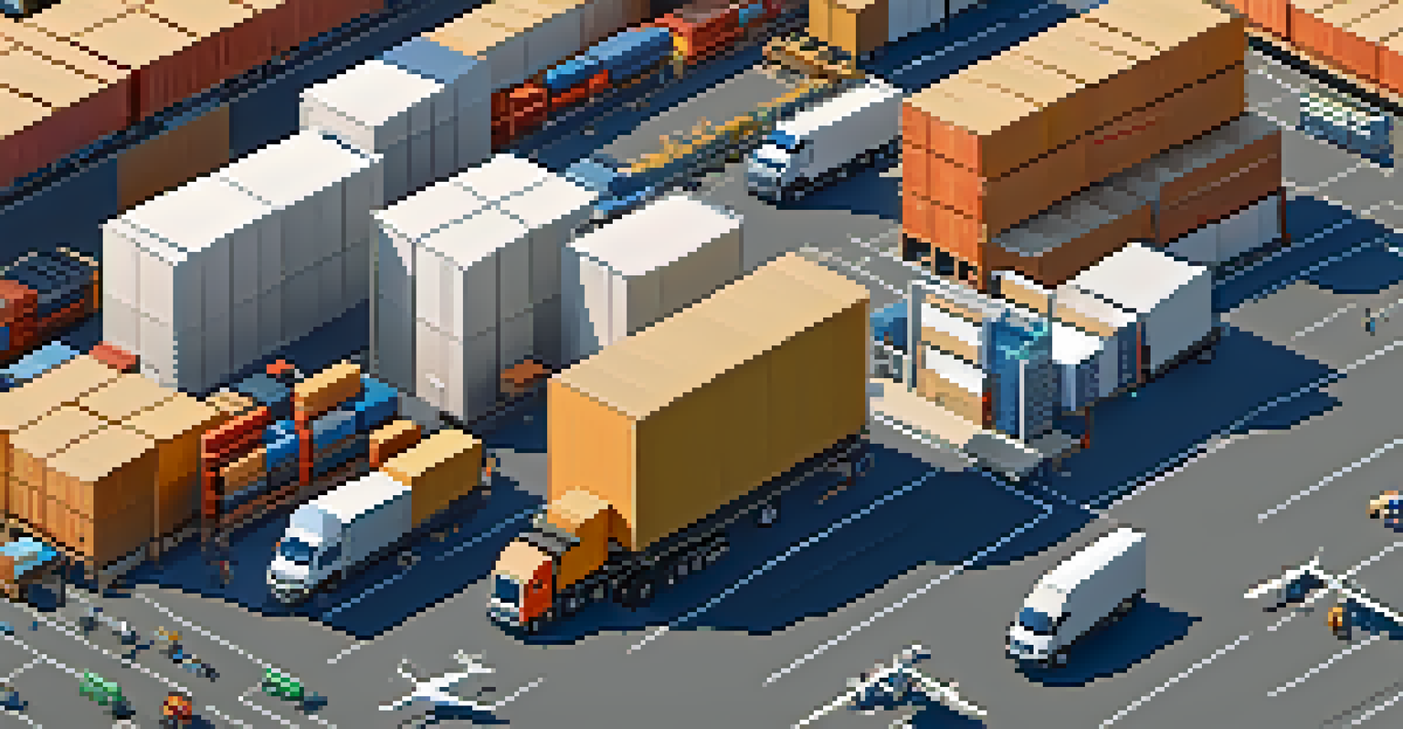 An aerial view of a logistics center with delivery trucks and drones, showcasing efficient cargo operations under a clear blue sky.