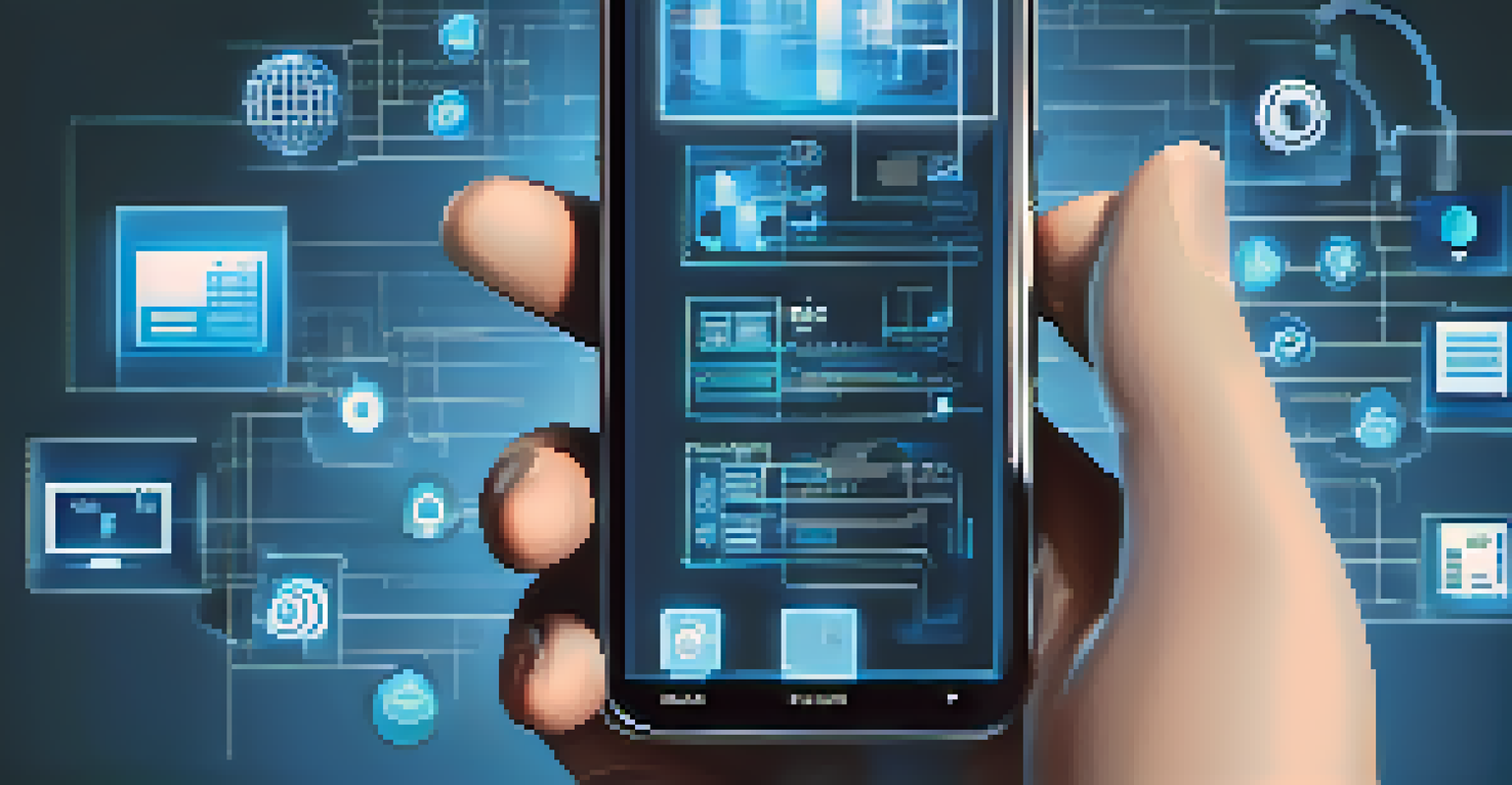 A close-up of a hand holding a smartphone with digital forensics tools and software icons overlaid.