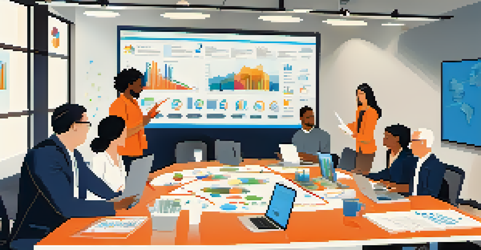 A diverse team collaborating in a bright conference room with digital screens and a whiteboard filled with notes.