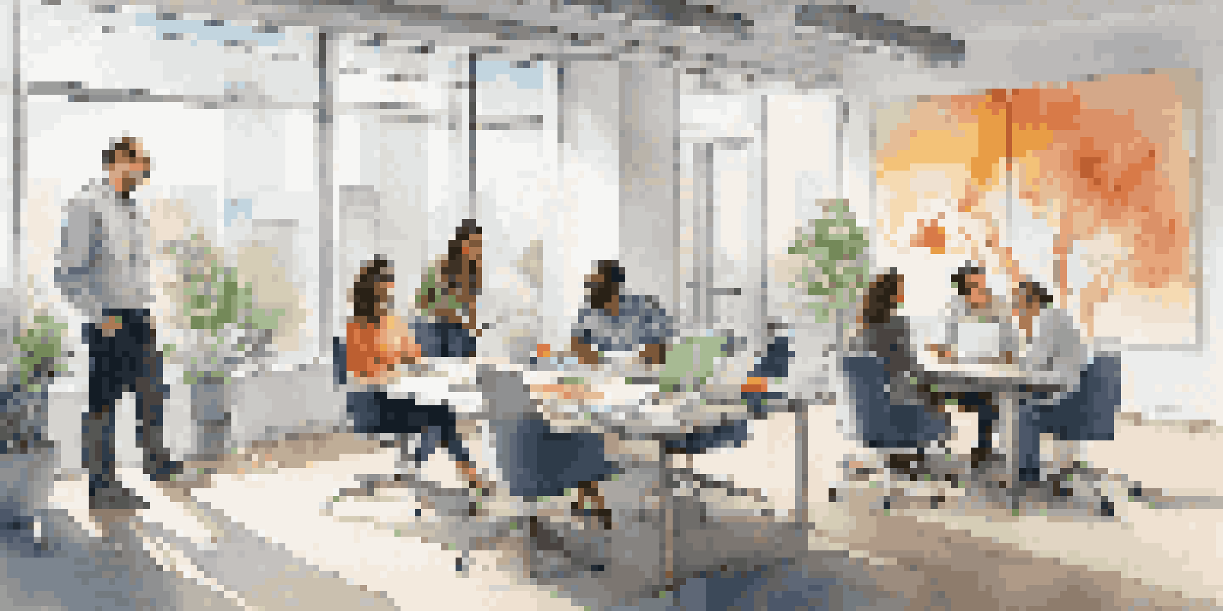 A bright and modern office with ergonomic furniture where diverse professionals are collaborating around a table filled with design materials, surrounded by colorful wall art and large windows.