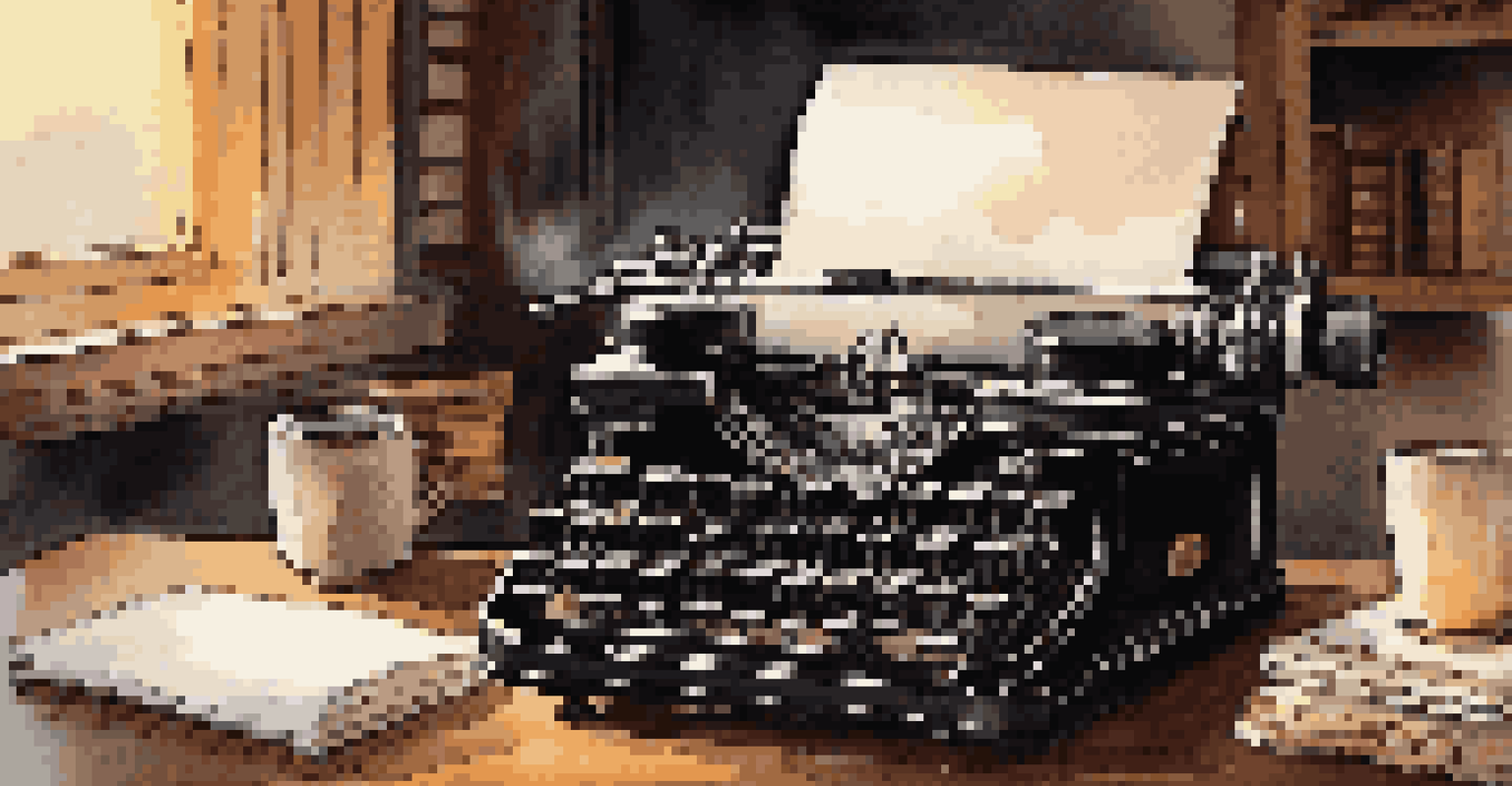 A close-up of a vintage typewriter with a blank page, scattered ink pens, and a steaming cup of coffee, creating a warm and cozy workspace atmosphere.