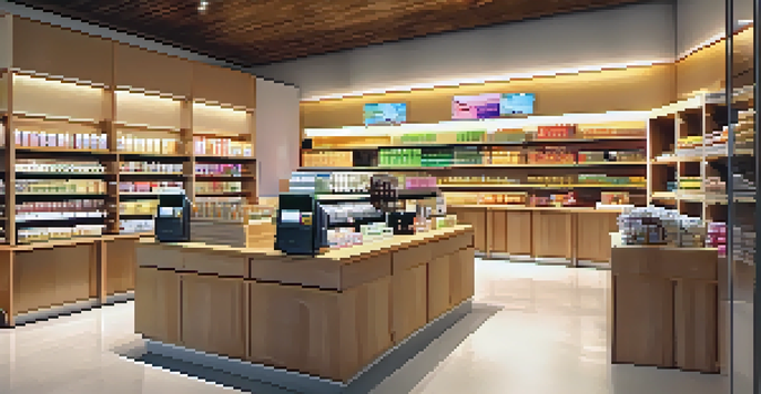 A bright and modern retail store interior featuring a point-of-sale system at a wooden counter with customers shopping.