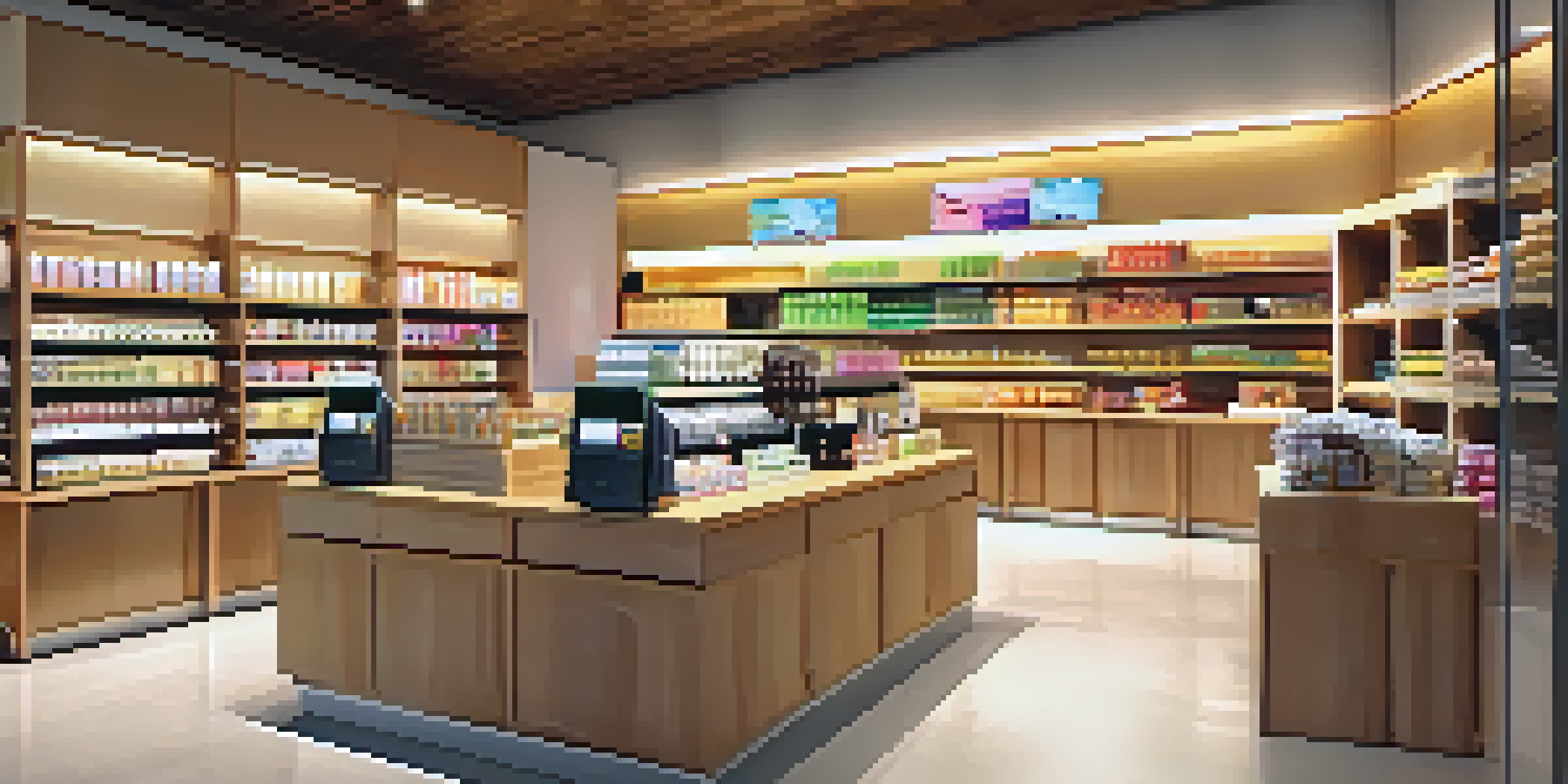 A bright and modern retail store interior featuring a point-of-sale system at a wooden counter with customers shopping.