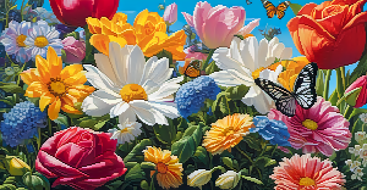 A close-up view of a colorful flower garden with butterflies, showing intricate petals and leaves.