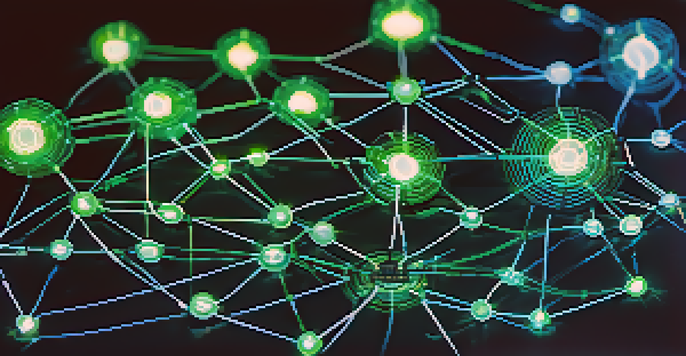 A close-up view of a blockchain network with glowing interconnected nodes against a dark background, showcasing digital data flow and security.