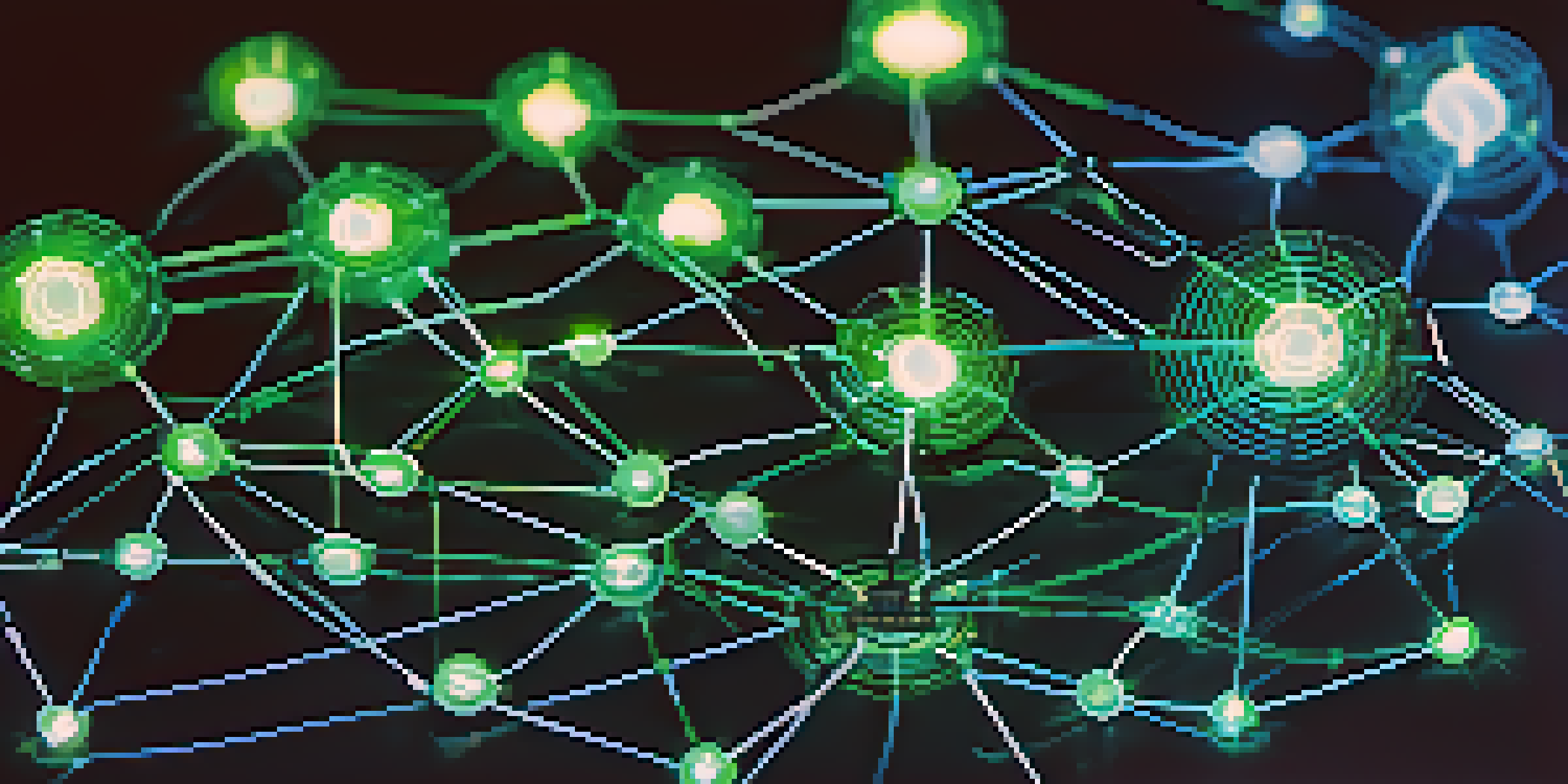 A close-up view of a blockchain network with glowing interconnected nodes against a dark background, showcasing digital data flow and security.