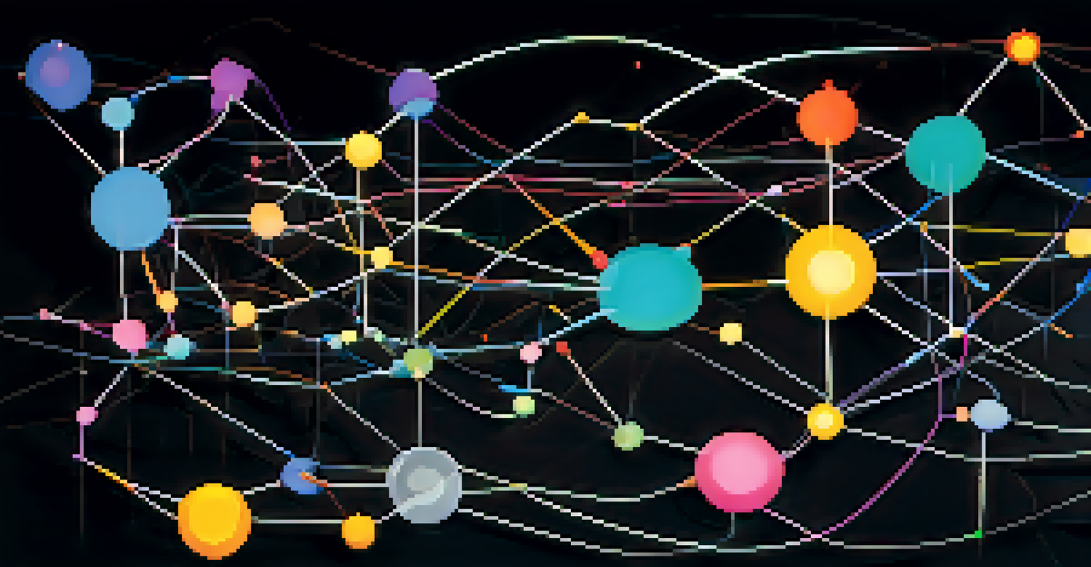 An abstract illustration of a microservices architecture with interconnected colorful nodes on a dark background, symbolizing communication.