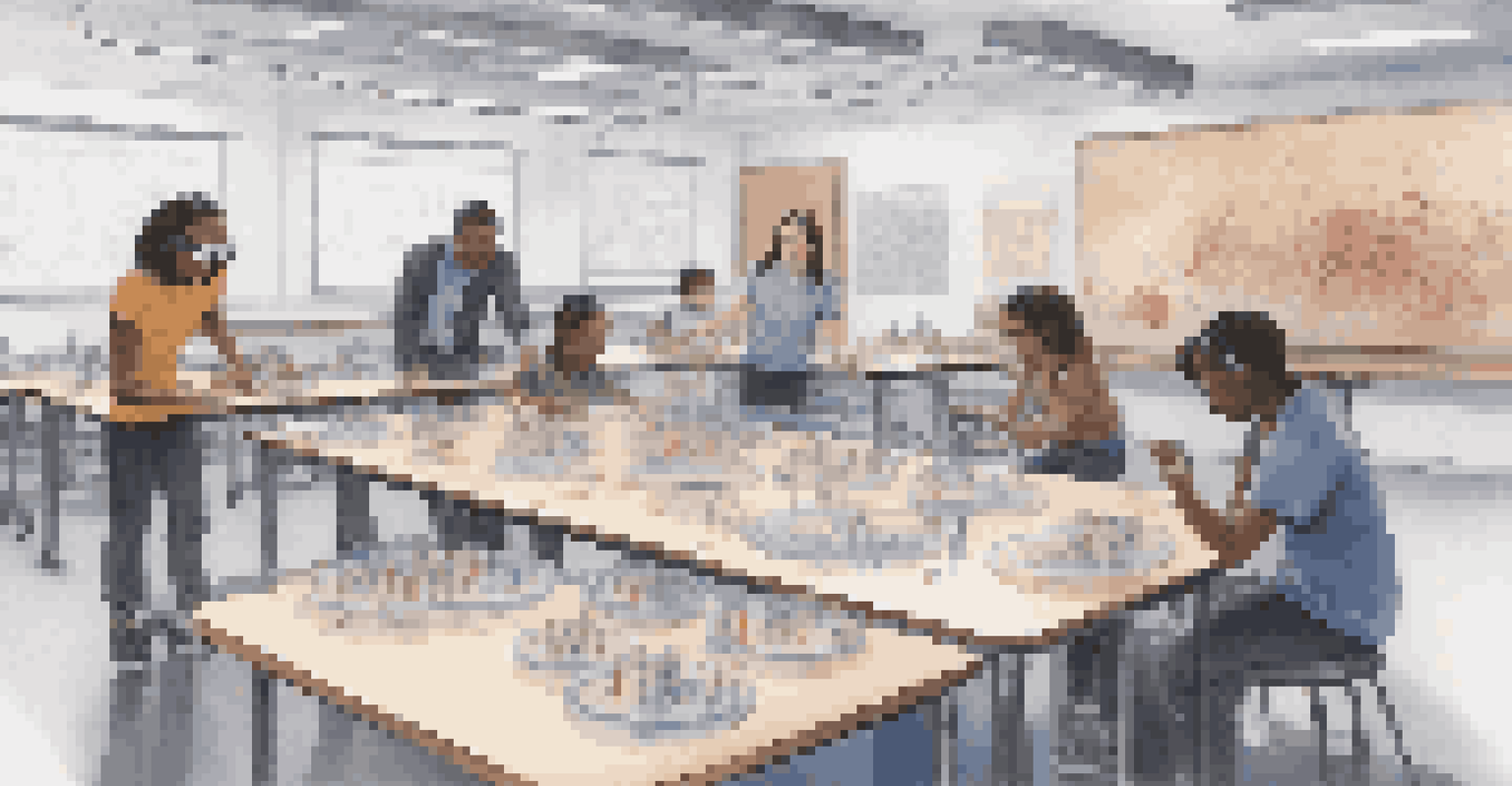 A teacher guiding diverse students using augmented reality glasses to explore virtual organs in a modern classroom setting, highlighting collaboration.