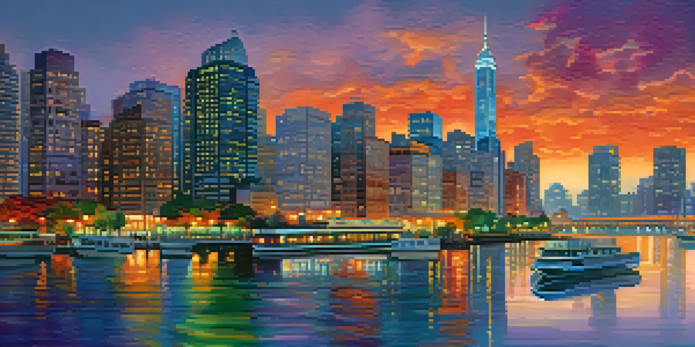 A city skyline at dusk with modern skyscrapers and traditional buildings, reflecting colorful lights on a waterfront.