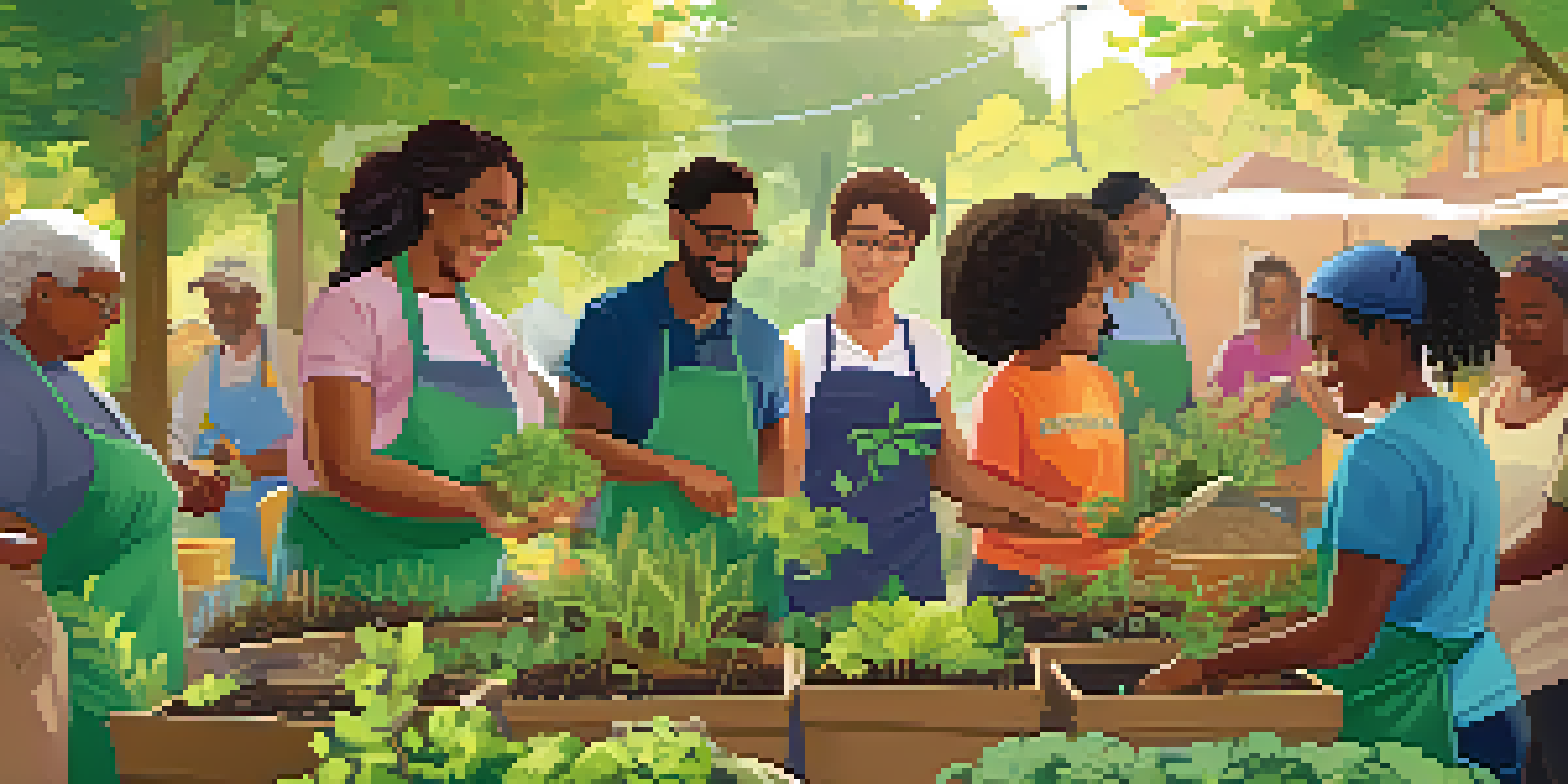 A diverse group of people participating in a community workshop on composting and gardening, surrounded by plants and educational materials under sunny trees.