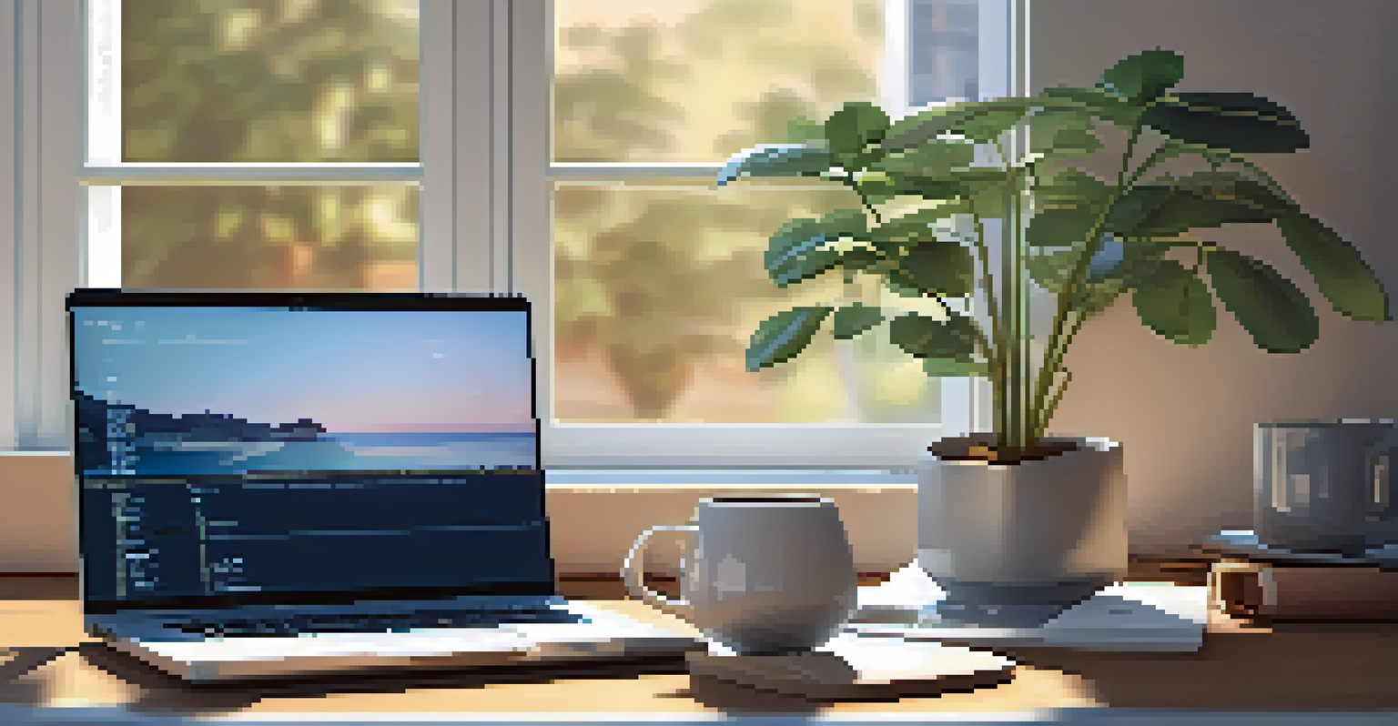 A cozy workspace with a laptop showing neural network coding, notes on activation functions, a coffee cup, and a plant, illuminated by soft natural light.