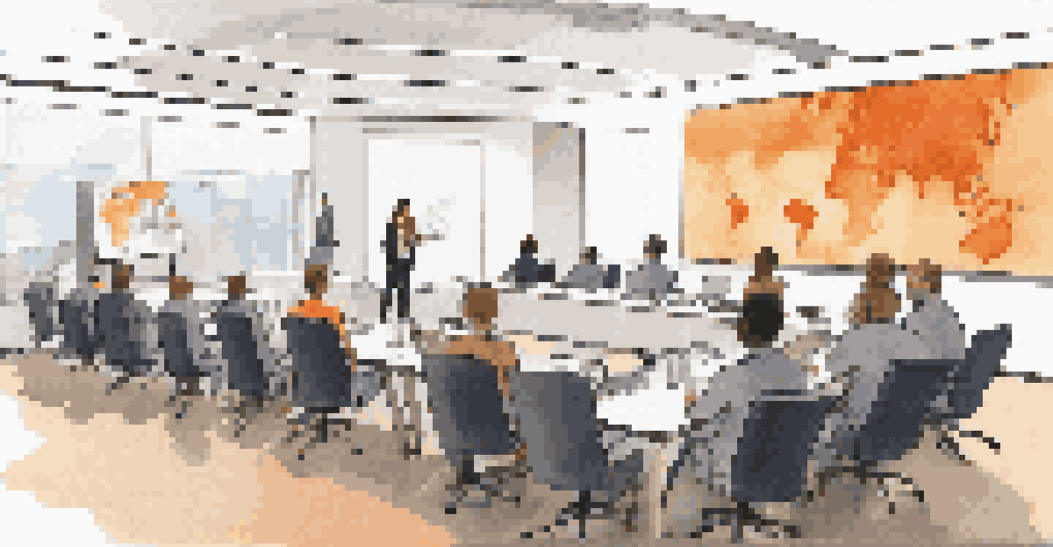 A diverse team in a conference room participating in a security training session with a presenter and a projector screen.