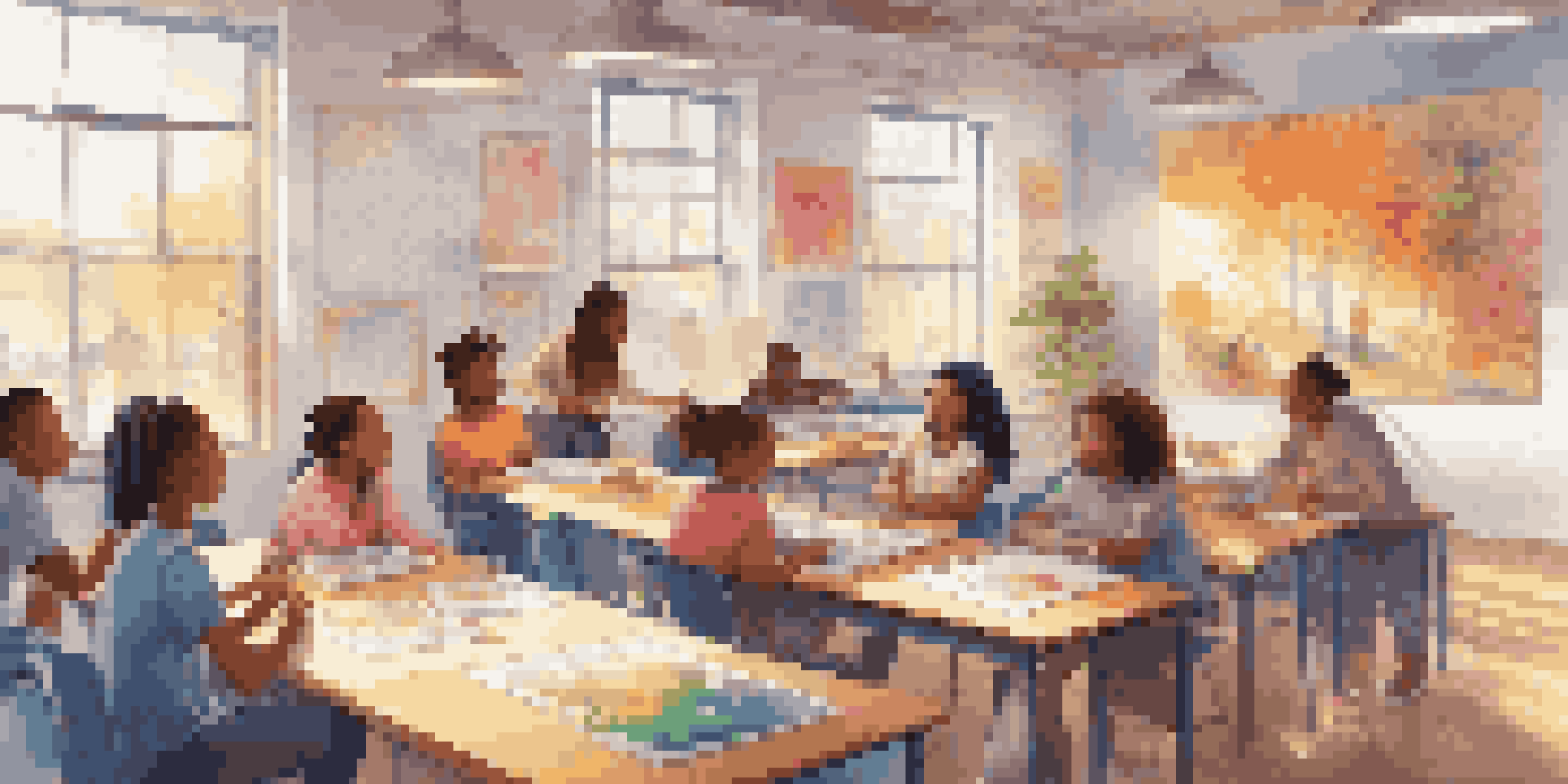 A lively classroom with students and a teacher collaborating on a creative project, surrounded by colorful artwork and sunlight.