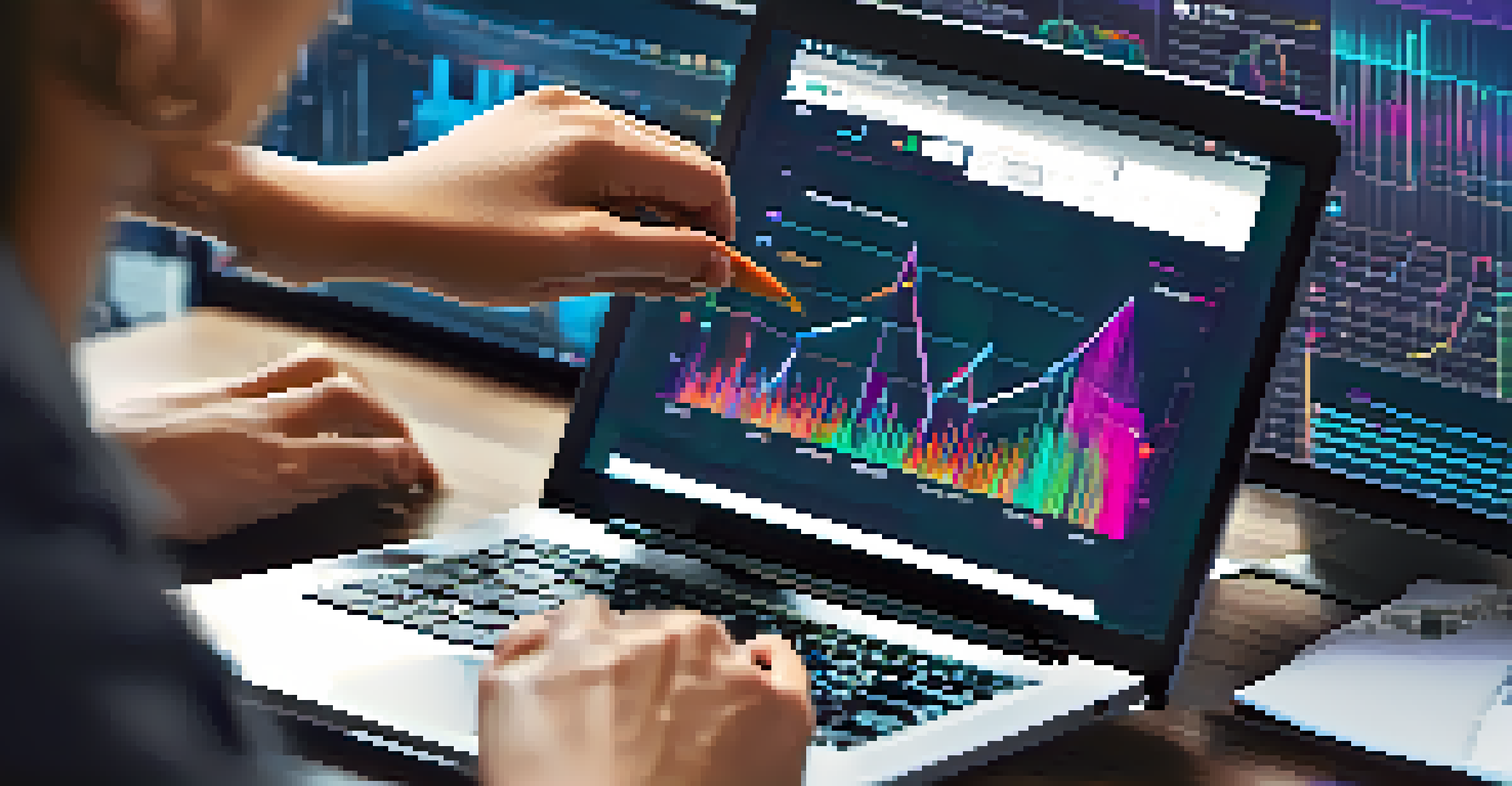 A close-up of a person analyzing website analytics on a laptop, with colorful graphs and data visualizations on the screen.
