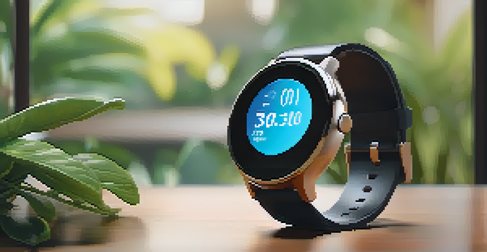 A close-up image of a smartwatch on a wooden table showing health metrics, with soft natural light and a blurred plant in the background.