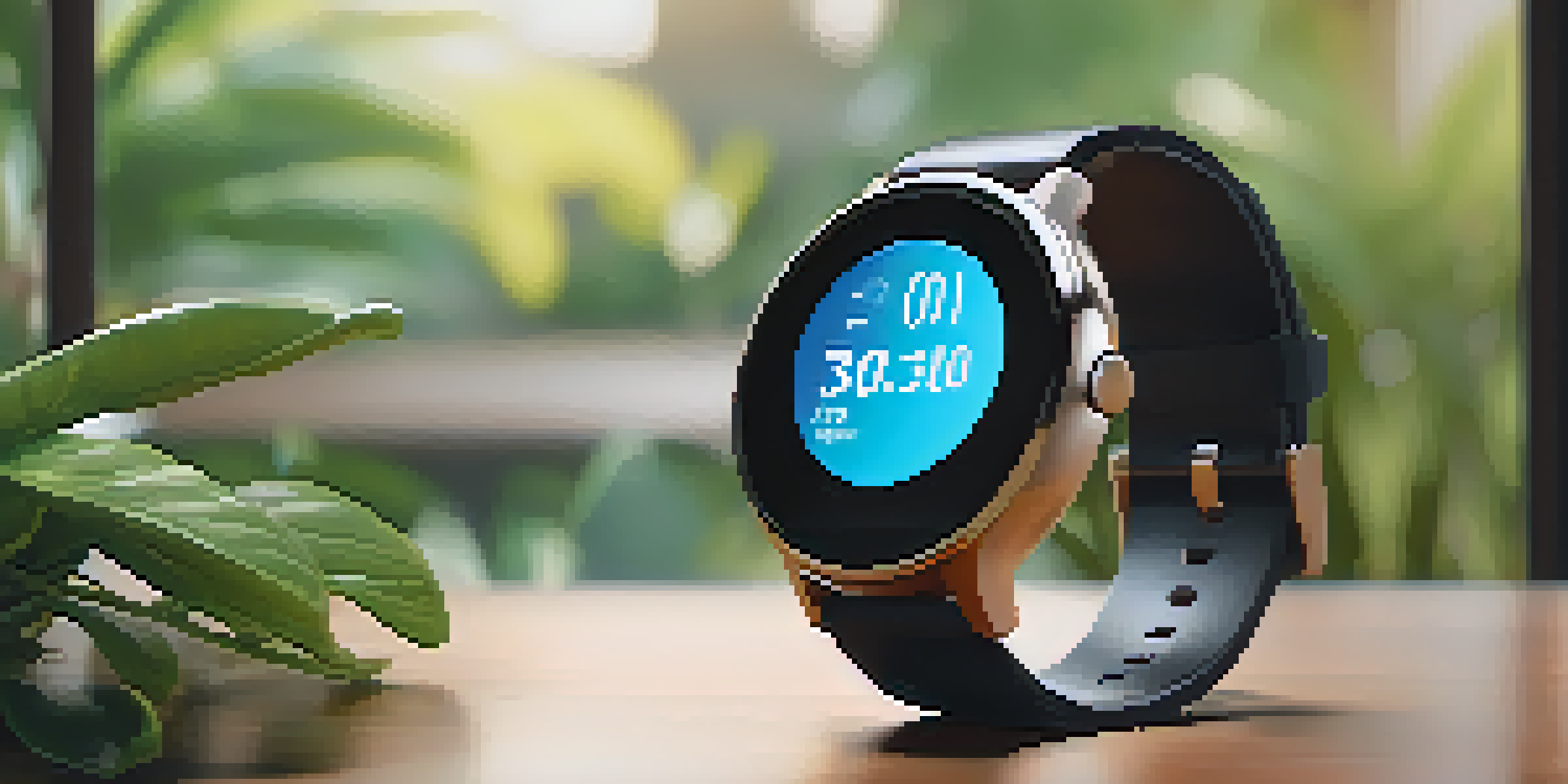 A close-up image of a smartwatch on a wooden table showing health metrics, with soft natural light and a blurred plant in the background.