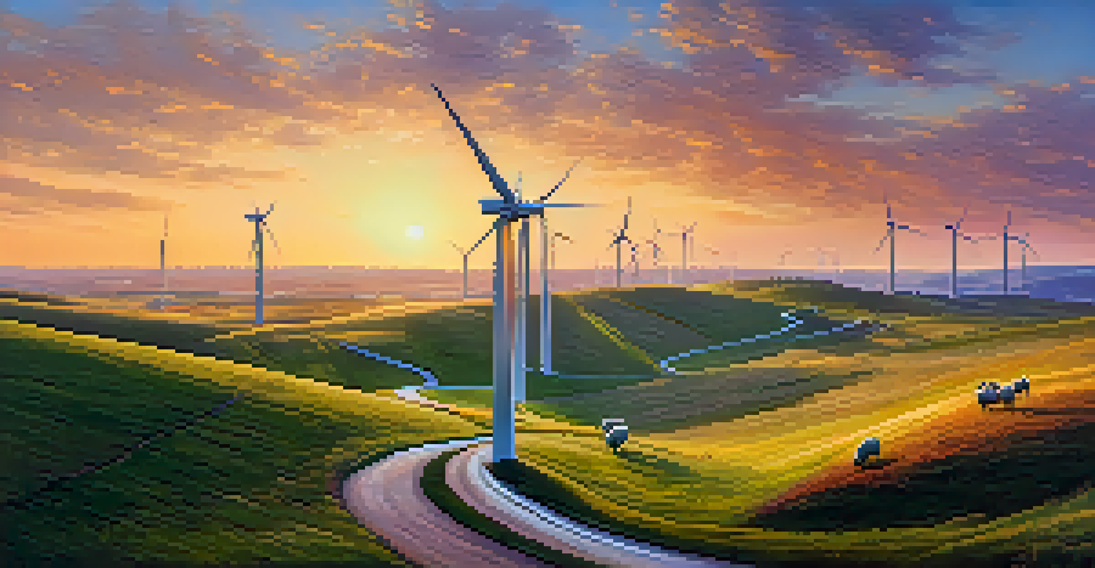 A picturesque wind farm on a hillside with spinning turbines, a winding path, and grazing sheep at sunrise.