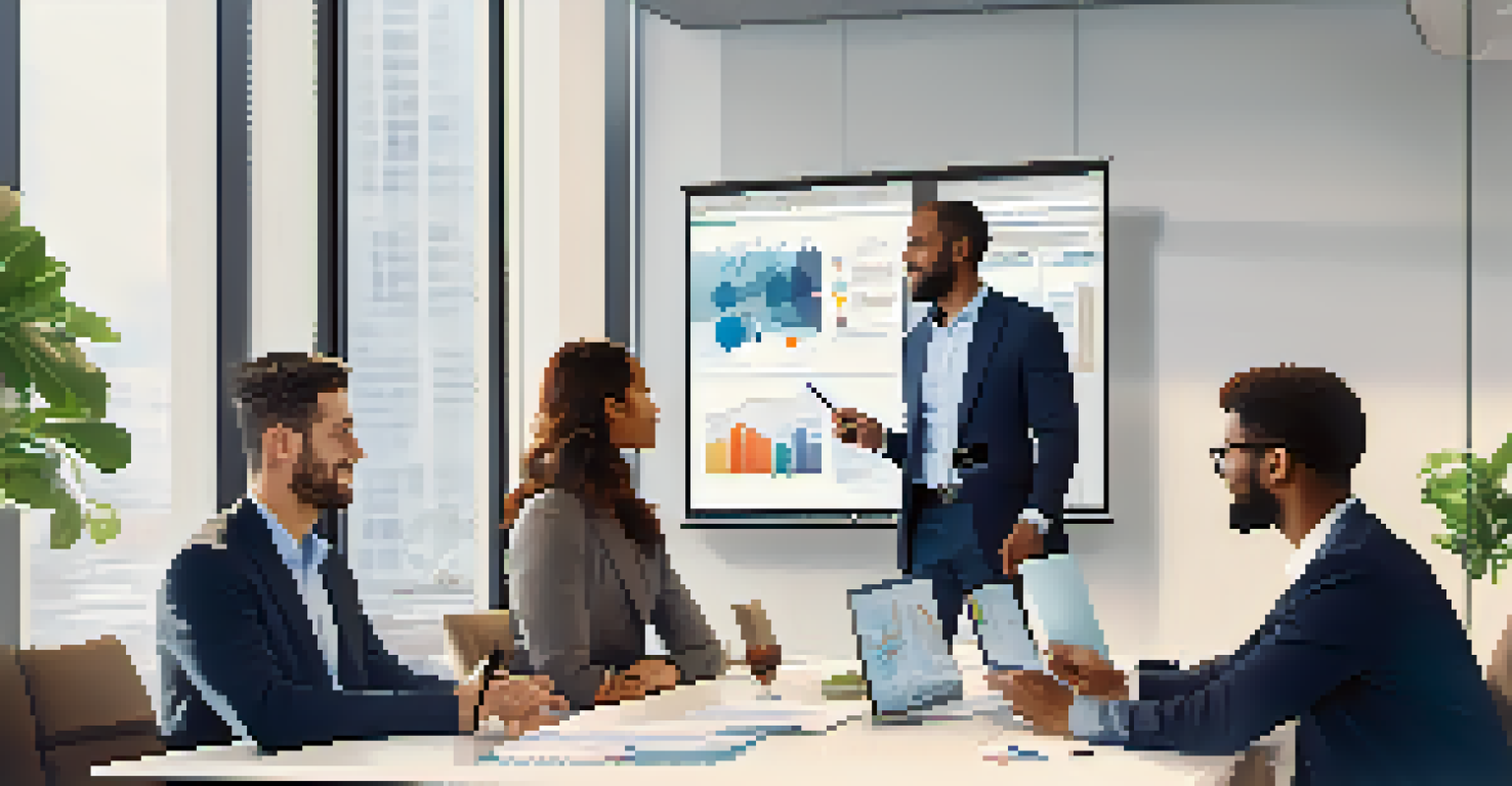 A diverse team in a conference room discussing ERP software implementation, with a digital screen showing data analytics.