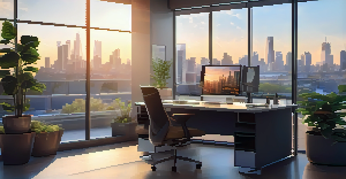 A well-lit modern office with a laptop and city skyline view at sunset.