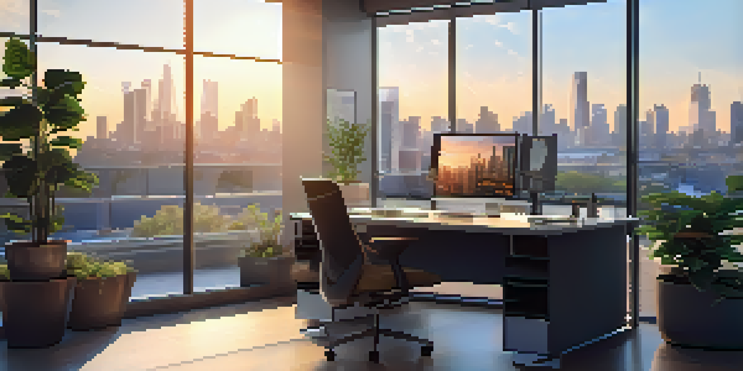 A well-lit modern office with a laptop and city skyline view at sunset.