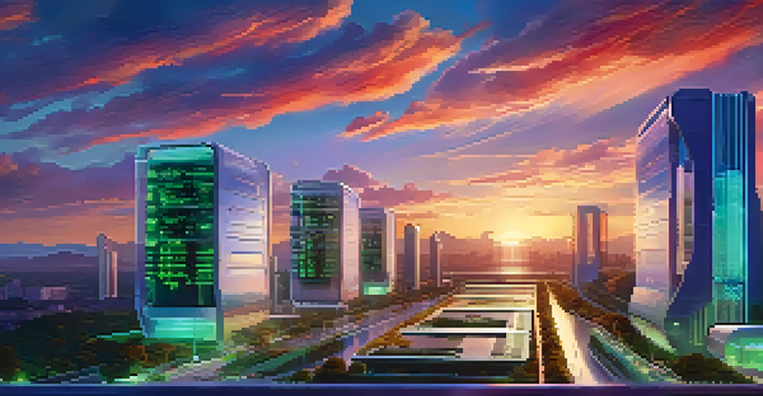 A futuristic city with a multi-cloud data center, neon clouds, and modern buildings under a sunset.