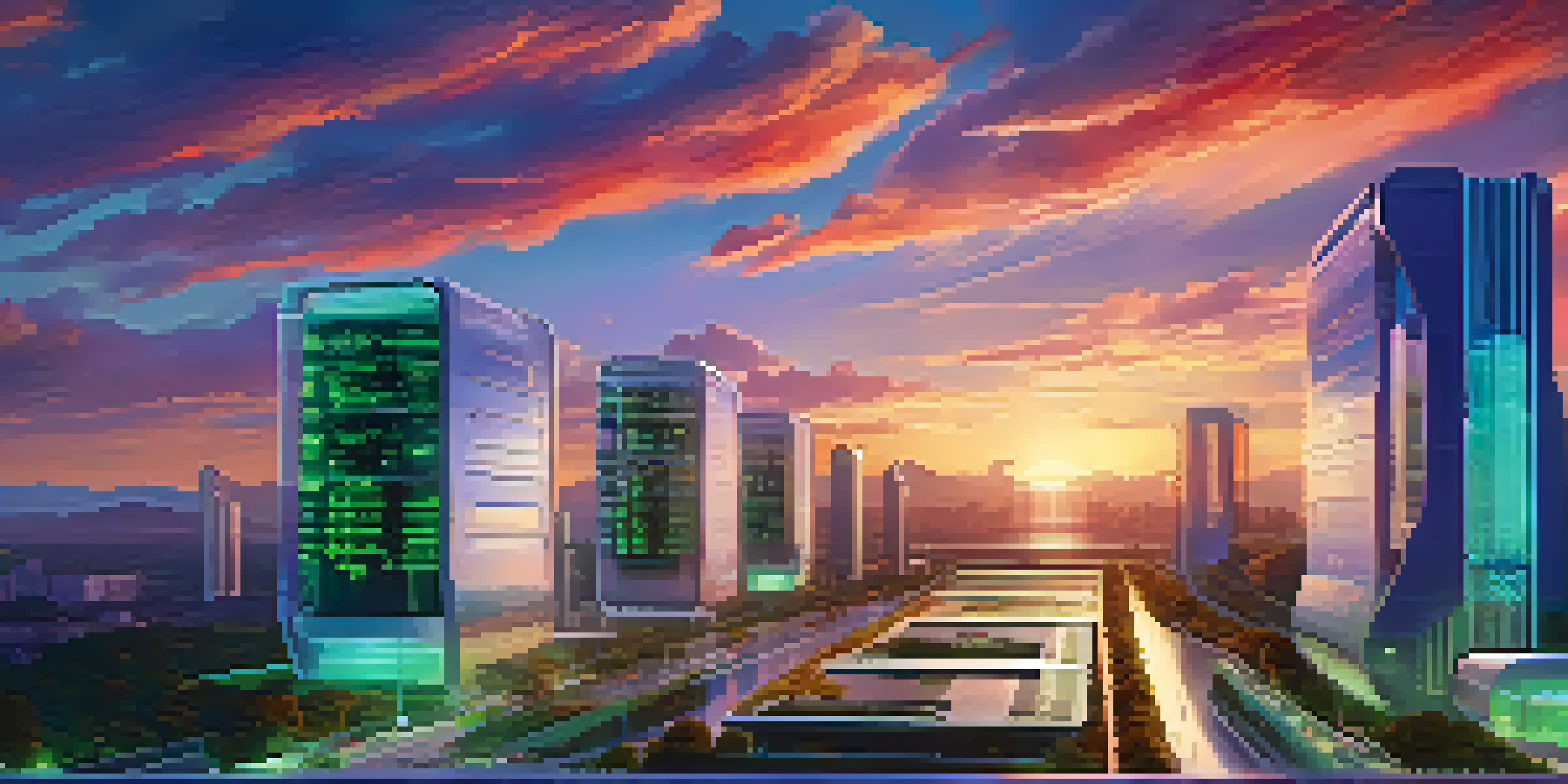 A futuristic city with a multi-cloud data center, neon clouds, and modern buildings under a sunset.